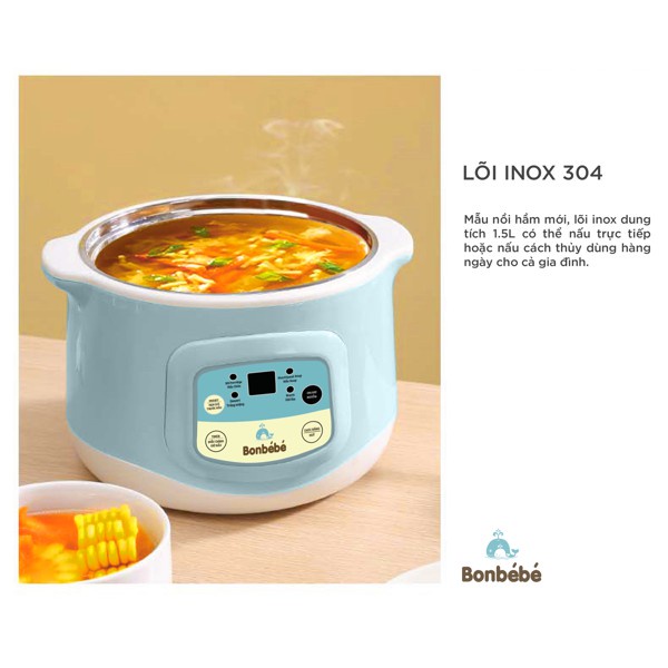 Nồi nấu cháo chậm Bonbebe BB31 Chính hãng - Nồi hầm cách thủy, chưng hấp, nấu canh soup cho bé - BH 12 THÁNG