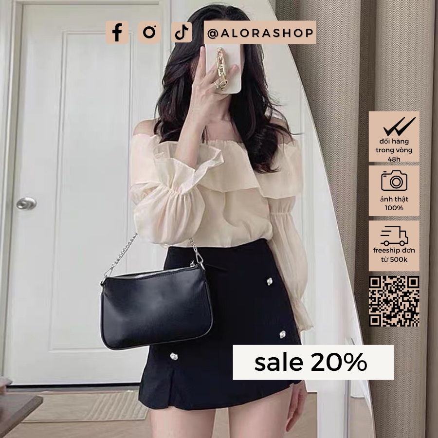 Áo trễ vai nữ chất organza xốp bèo ngực tay bo chun trắng, be thời trang nữ Alora