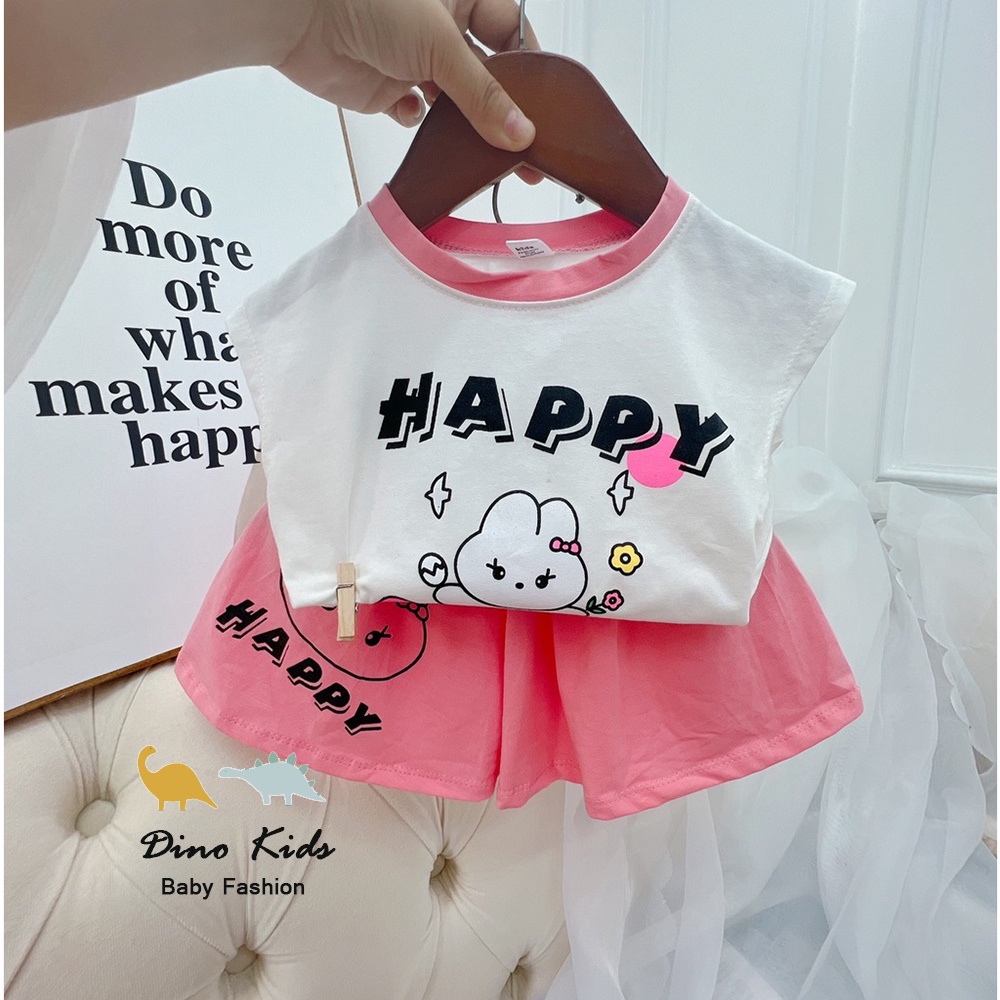 Bộ cộc tay chất cotton bé gái, bộ quần áo mùa hè in hình gấu hồng Happy quần giả váy cho bé