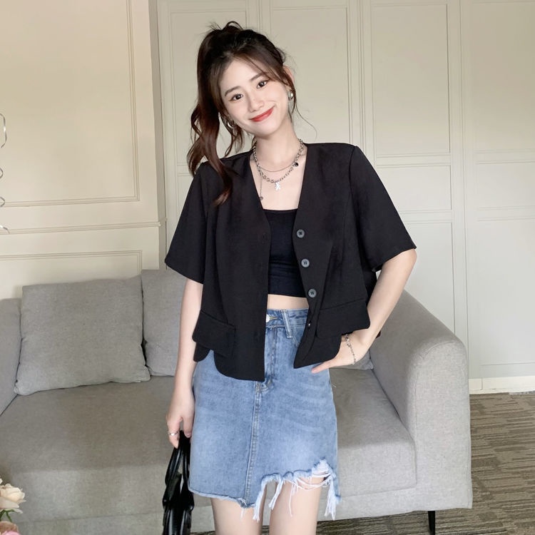 Áo Khoác blazer Tay Ngắn Cổ Chữ V Màu Trơn Phong Cách Hàn Quốc Thời Trang Cho Nữ