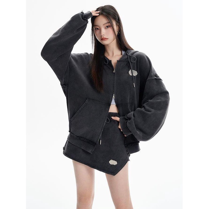 Andyet AD1 / 22AW Áo Khoác Có Mũ Trùm Đầu Khóa Kéo Đôi Phong Cách Retro Sờn Cho Nữ