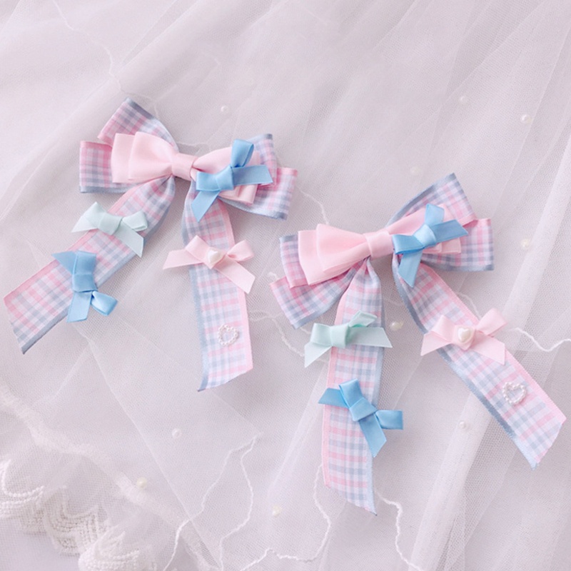 Kẹp Tóc Nơ Dài Họa Tiết Sọc Caro Phong Cách Lolita Dành Cho Nữ