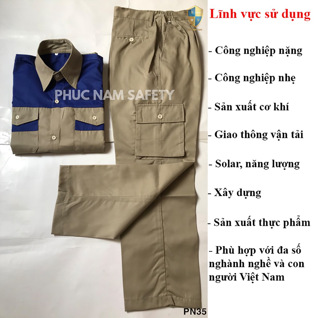 Bộ quần áo bảo hộ lao động vải Kaki màu ghi đậm phối xanh dương – PN35, BHLĐ Phúc Nam