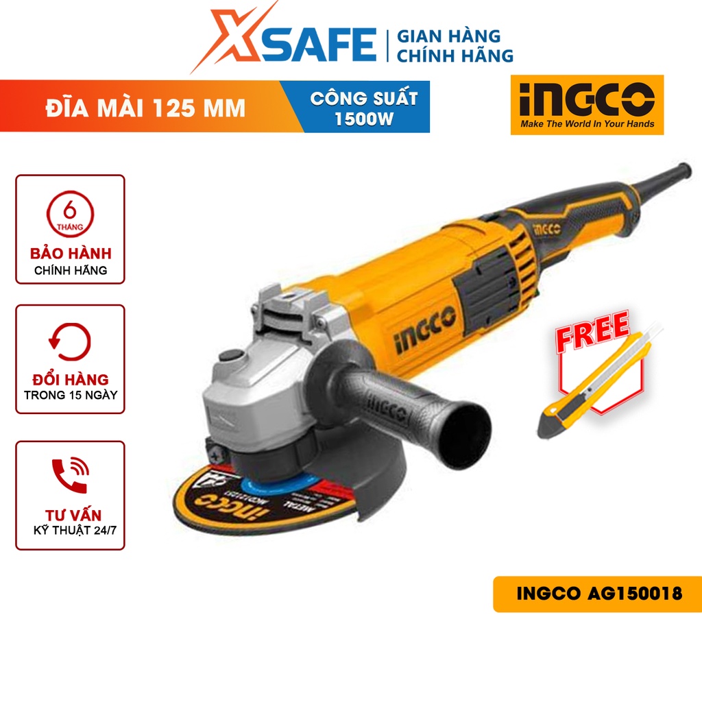 Máy mài góc INGCO 1500W AG150018 - Đường kính đĩa mài 125mm, lỗ cốt M14 kèm tay cầm nhựa, chổi than, cờ lê