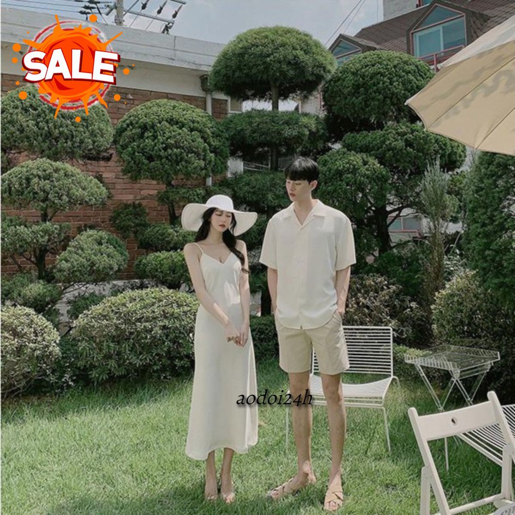 Set Áo Váy Đôi Nam Nữ Du Lịch Chụp Ảnh Cưới Màu Trắng 2 Dây Gợi Cảm