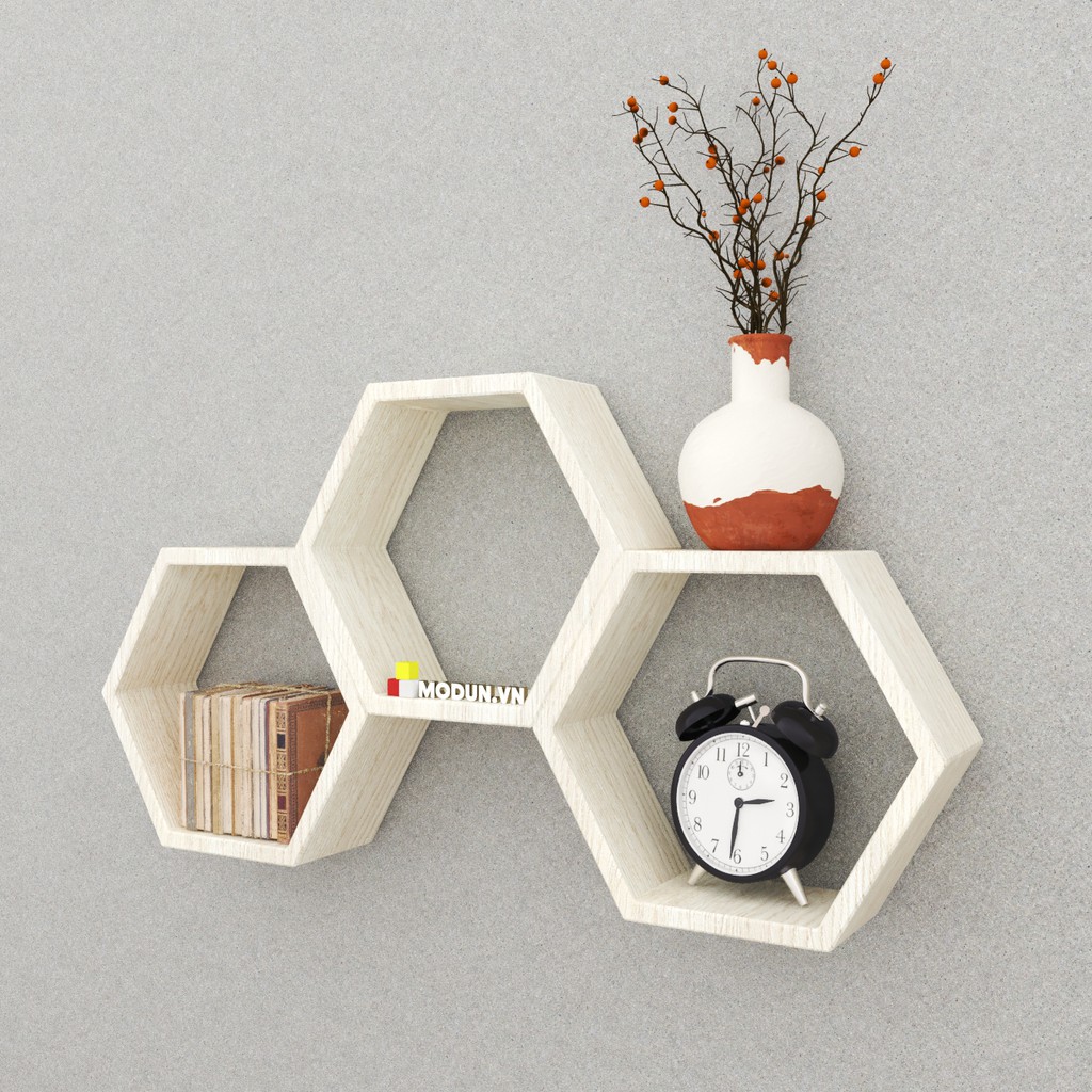Kệ mkk-007 MODUN.VN - set 3 trang trí treo tường lục giác, gỗ công nghiệp không cong vênh