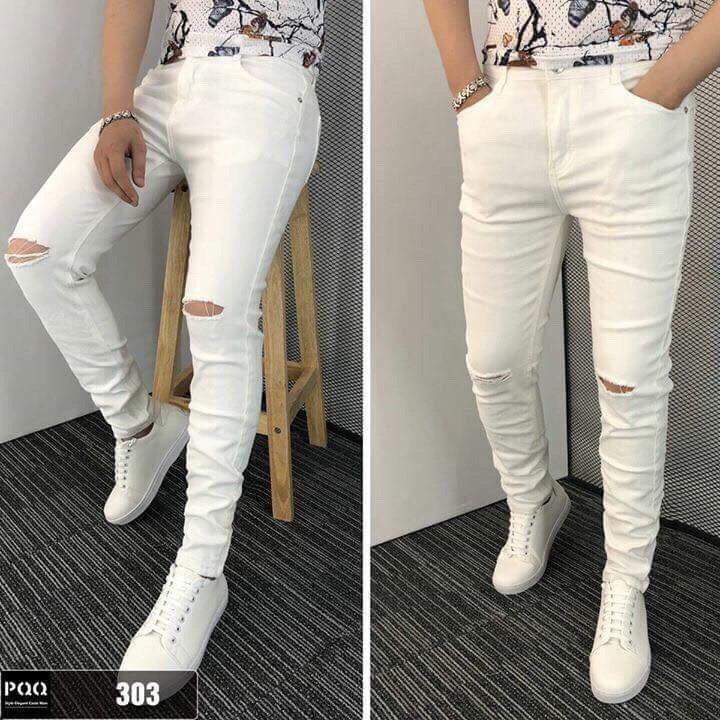Quần Jean rách gối trắng đen vải dày dặn co giãn thoải mái quần jean nam đẹp cá tính( Shop bán Chân Thành Uy Tín)