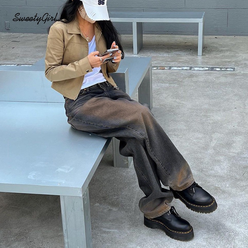 Quần Jean Dài Dáng Rộng Lưng Cao Màu Trơn Phối Túi Thời Trang 2022 Cho Nữ