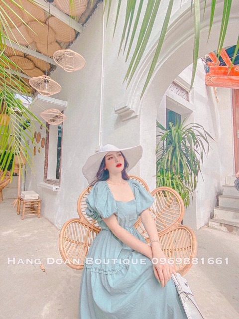 Đầm dáng suông cổ vuông tay ngắn bồng