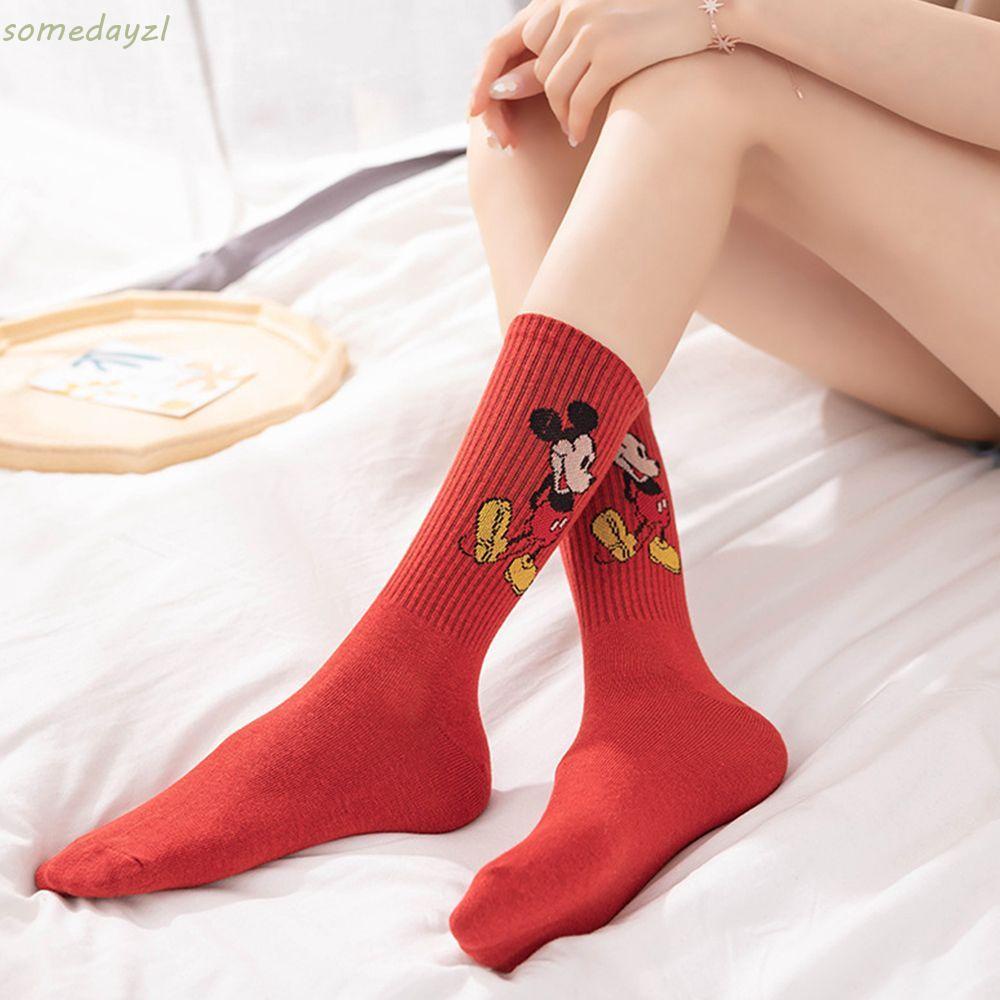 Vớ cotton màu trơn thoáng khí in hình chuột Mickey phong cách Harajuku Hàn Quốc dễ thương cho nữ