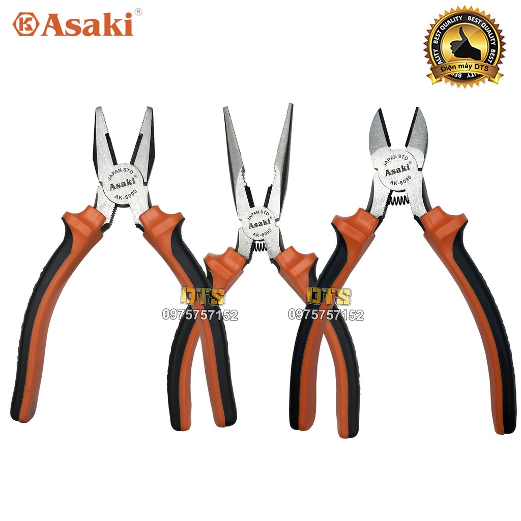 Bộ 3 kìm điện - kìm cắt - kìm nhọn kiểu Mỹ Asaki A+cut Tech 6 inch/ 150mm, thép High Carbon độ cứng cao