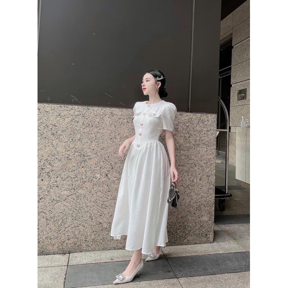 Đầm dự tiệc dáng dài đen trắng tay bồng sang chảnh, Váy Bigsize kín đáo thanh lịch