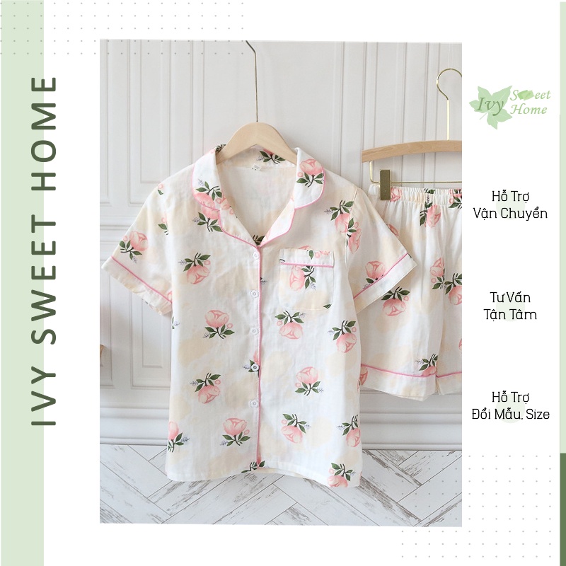 Đồ bộ ngủ mùa hè dễ thương vải xô thoáng mát ❤ Pijama hè Nụ Hoa - Freeship - IVY396