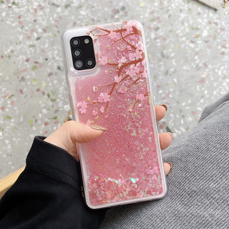 Ốp lưng kim tuyến nước hình hoa đào thích hợp cho Samsung Galaxy A10 A31 A20 A50 A70 A81 A91 A51 A71 A11 A10S A20S A21S