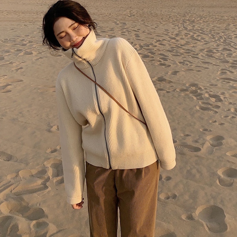 Áo Khoác Cardigan Dệt Kim Cổ Cao Dáng Rộng Màu Sắc Đơn Giản Thời Trang Thu Đông Cho Nữ