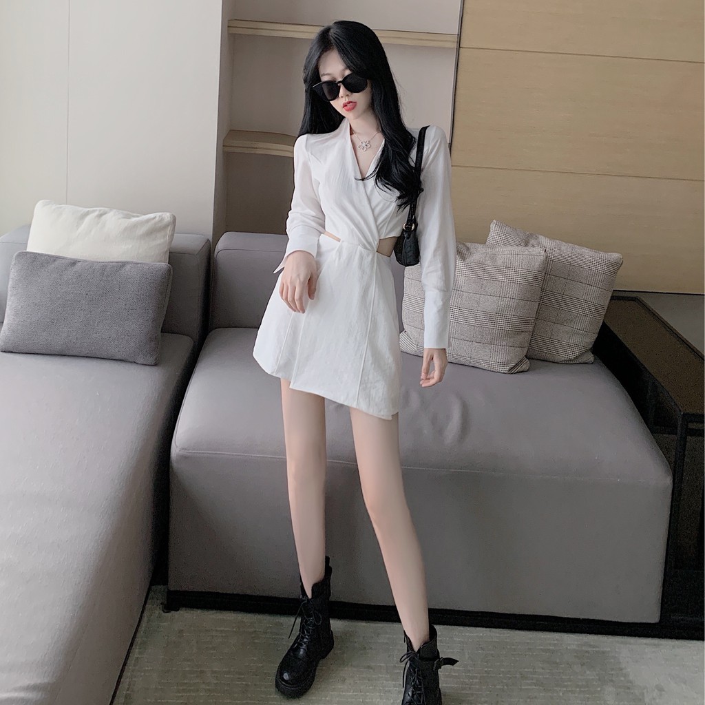 Đầm nữ dáng ôm sơ mi tay dài mini hở eo Emilyshop ulzzang