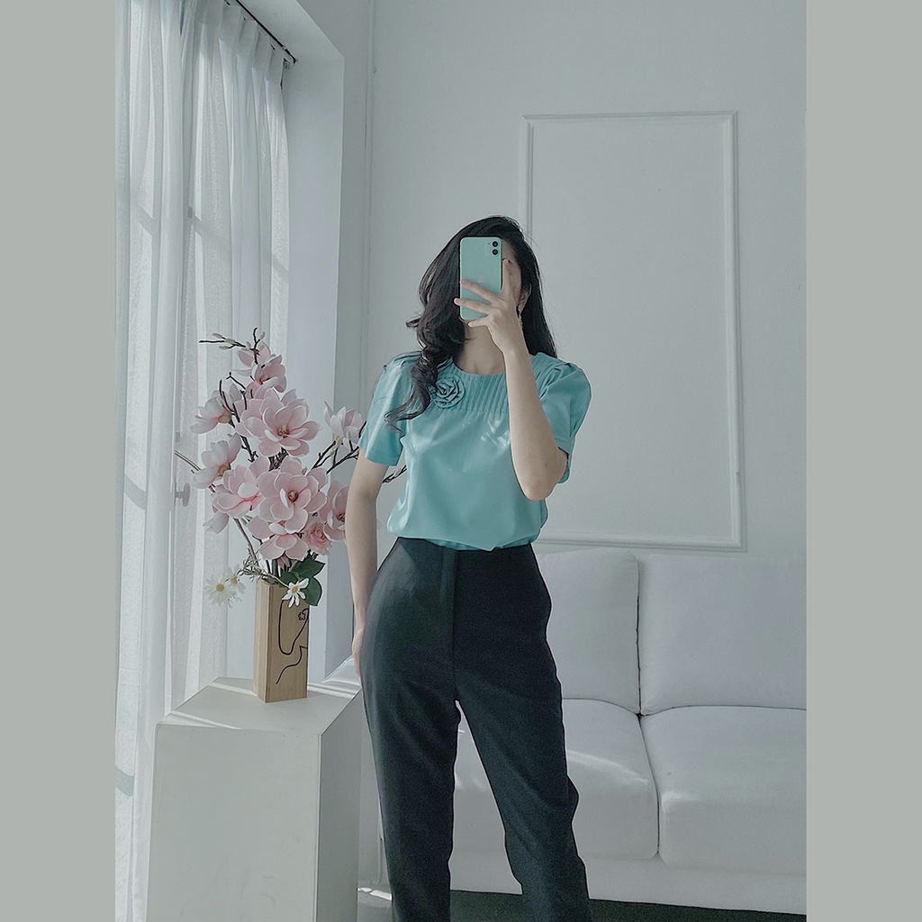 Áo kiểu nữ sơ mi công sở cổ tròn xếp li phối hoa thời trang Eden tay ngắn chất liệu mềm min không nhăn - ASM151