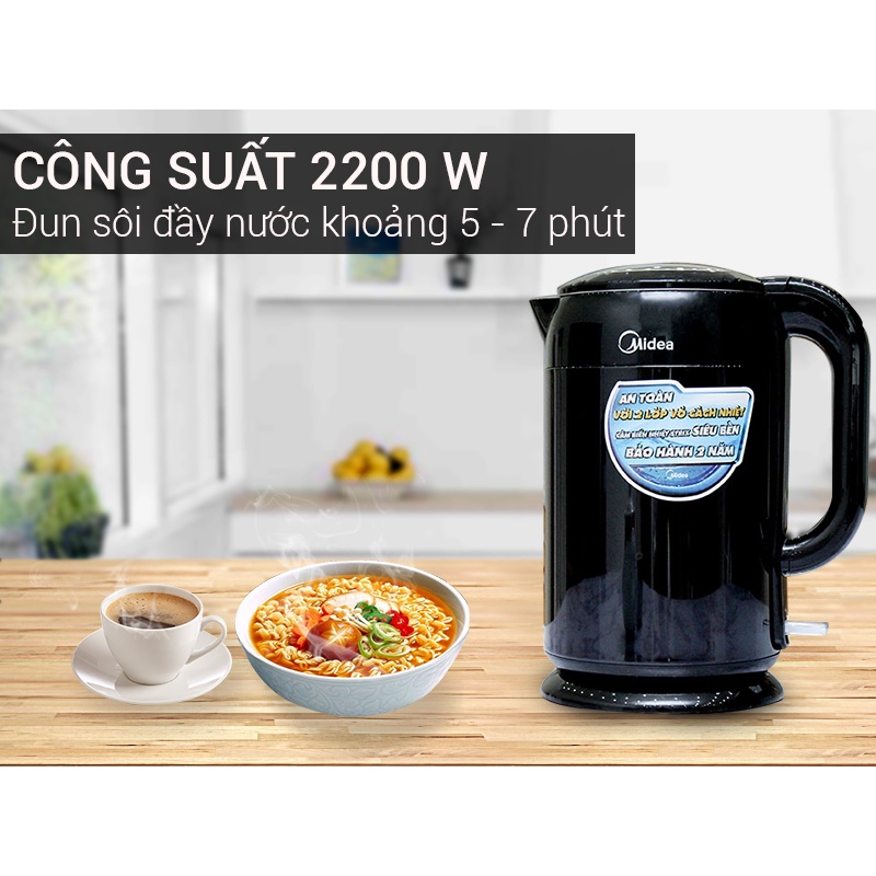 Ấm siêu tốc MIDEA MK-317DB 1.7L , bình đun nước siêu tốc chất liệu inox bọc nhựa 2 lớp chống nóng