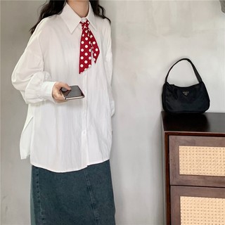 [ORDER] áo sơ mi xẻ tà kèm dây nơ chấm bi màu đỏ ( vải dệt cotton thoáng mát)