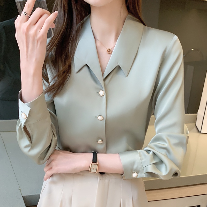 Spot satin white shirt commuting temperament drooping texture solid color versatile show thin girl