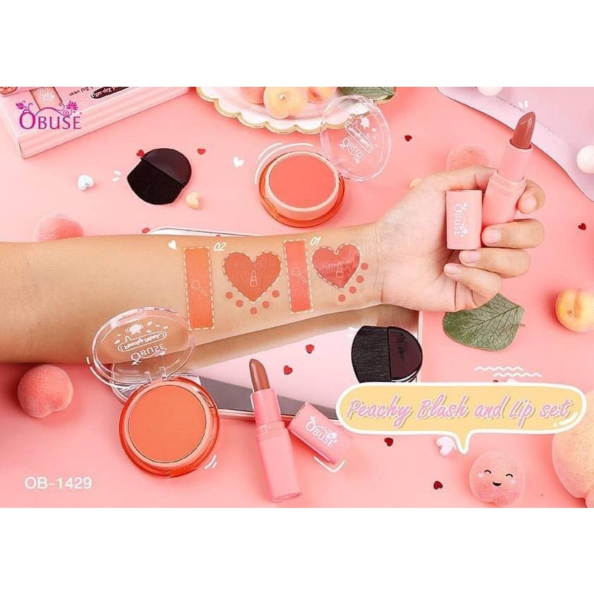 Bộ Má Hồng+ Son Thỏi Tone Cam Đào Obuse Peachy Blush and Lip Set