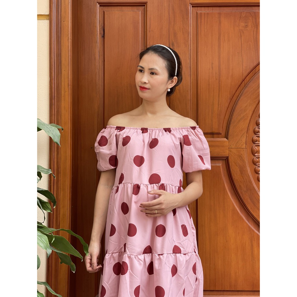 Váy bầu trễ vai CHẤM BI HỒNG trẻ trung xinh xắn V270