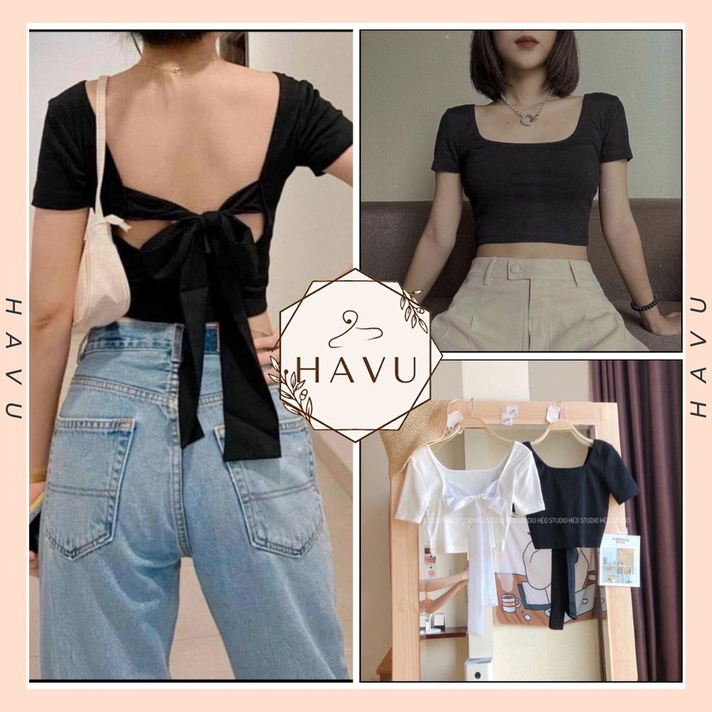 Áo croptop cộc tay thắt nơ sau nữ - Thun trơn body dáng cộc phong cách vintage màu cá tính ulzz