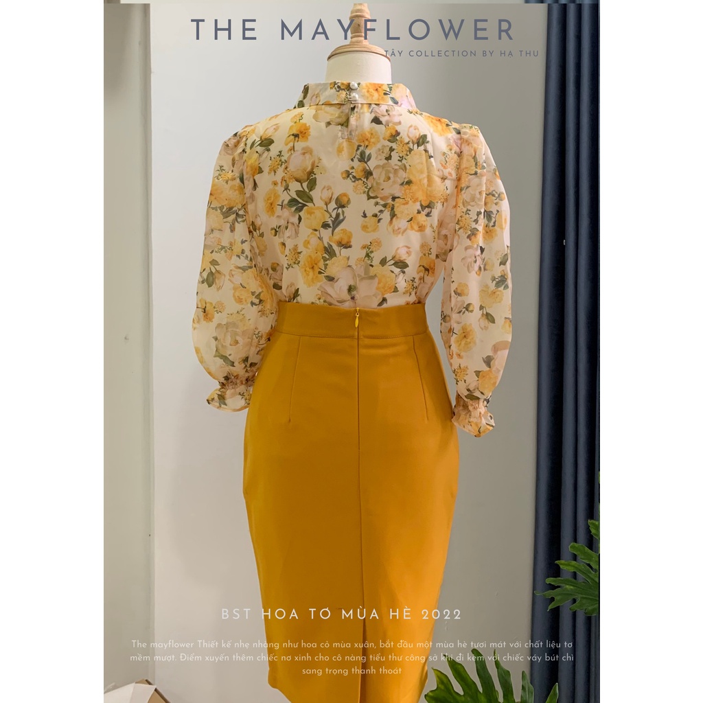 Áo sơ mi tơ hoa phối nơ cổ tiểu thư Tây Collection Design