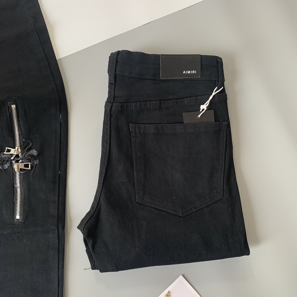 Quần Bò Đen Phối Gối Rách Khoá Zip Dọc