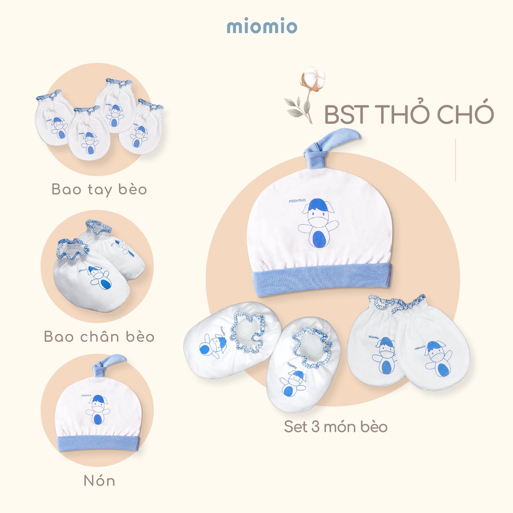 Bao Tay Sơ Sinh Bèo, Bao Chân Bèo, Nón MIOMIO - Họa Tiết Thỏ Chó Cho Bé Trai, Bé Gái, Vả
