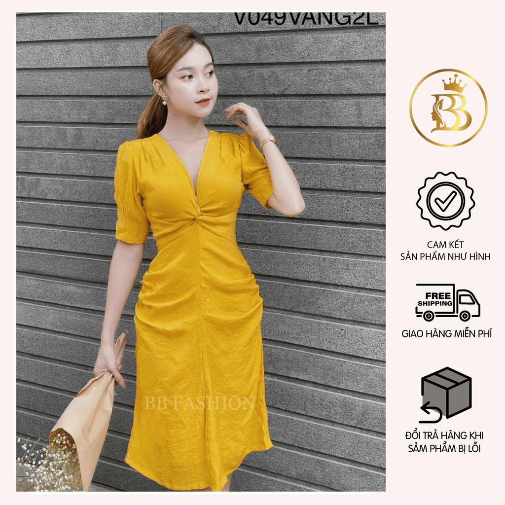 Đầm nữ cổ xoắn ngực 2 lớp cao cấp, Váy nữ thiết kế dáng midi chất xô gân mềm mịn hàng loại 1 V049