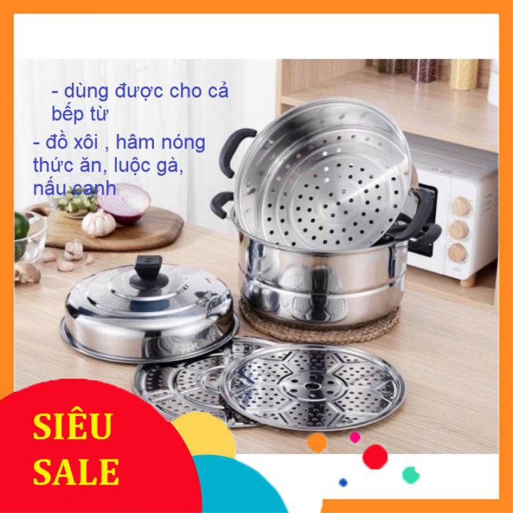 Nồi hấp inox 3 tầng hiện đại kích thước lớn, có thể sử dụng trên mọi loại bếp .