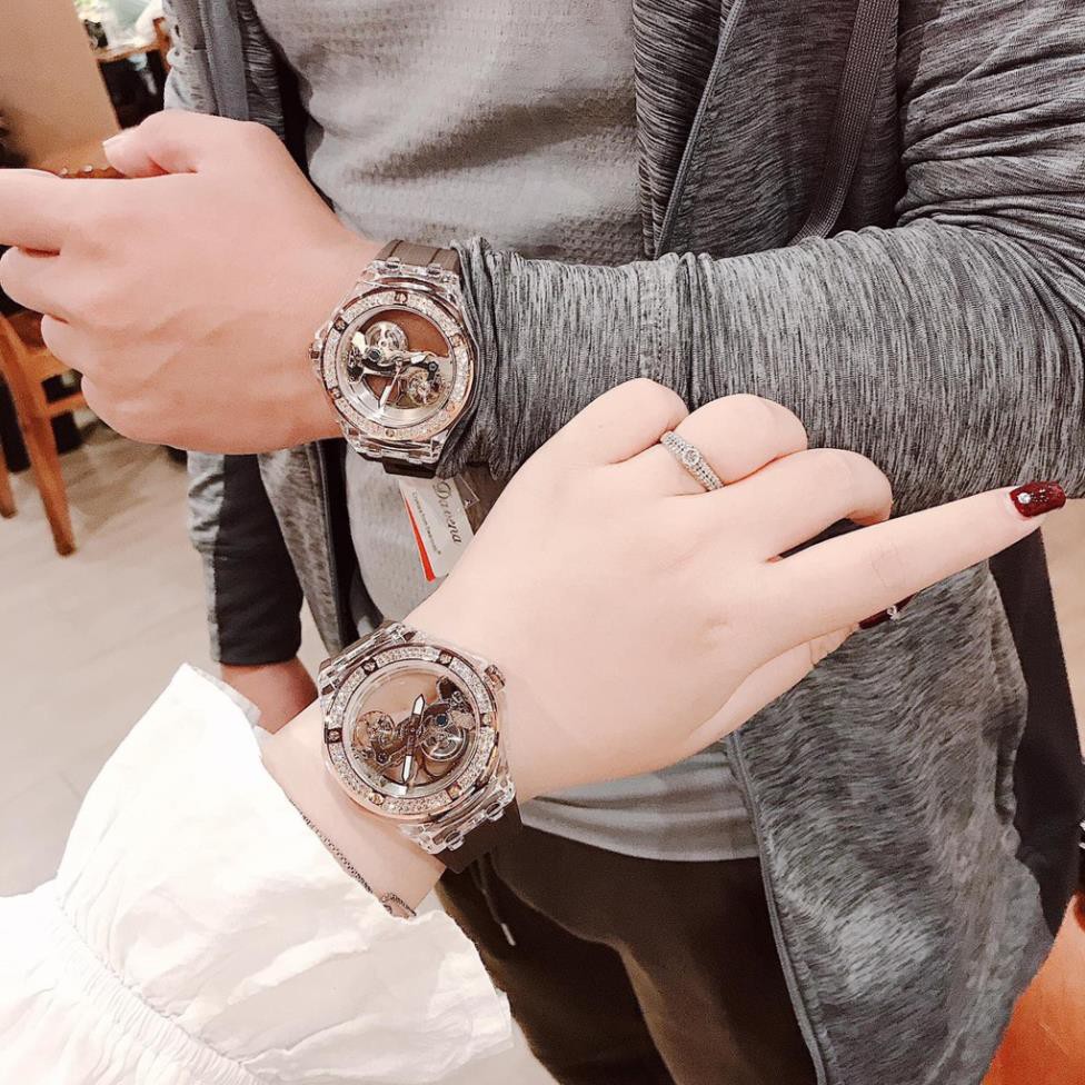 Đồng Hồ Davena Nam Nữ Automatic D31592 Mặt Lộ Máy Trong Suốt Dây Silicon Nâu 42mm Rose Gold Chính Hãng