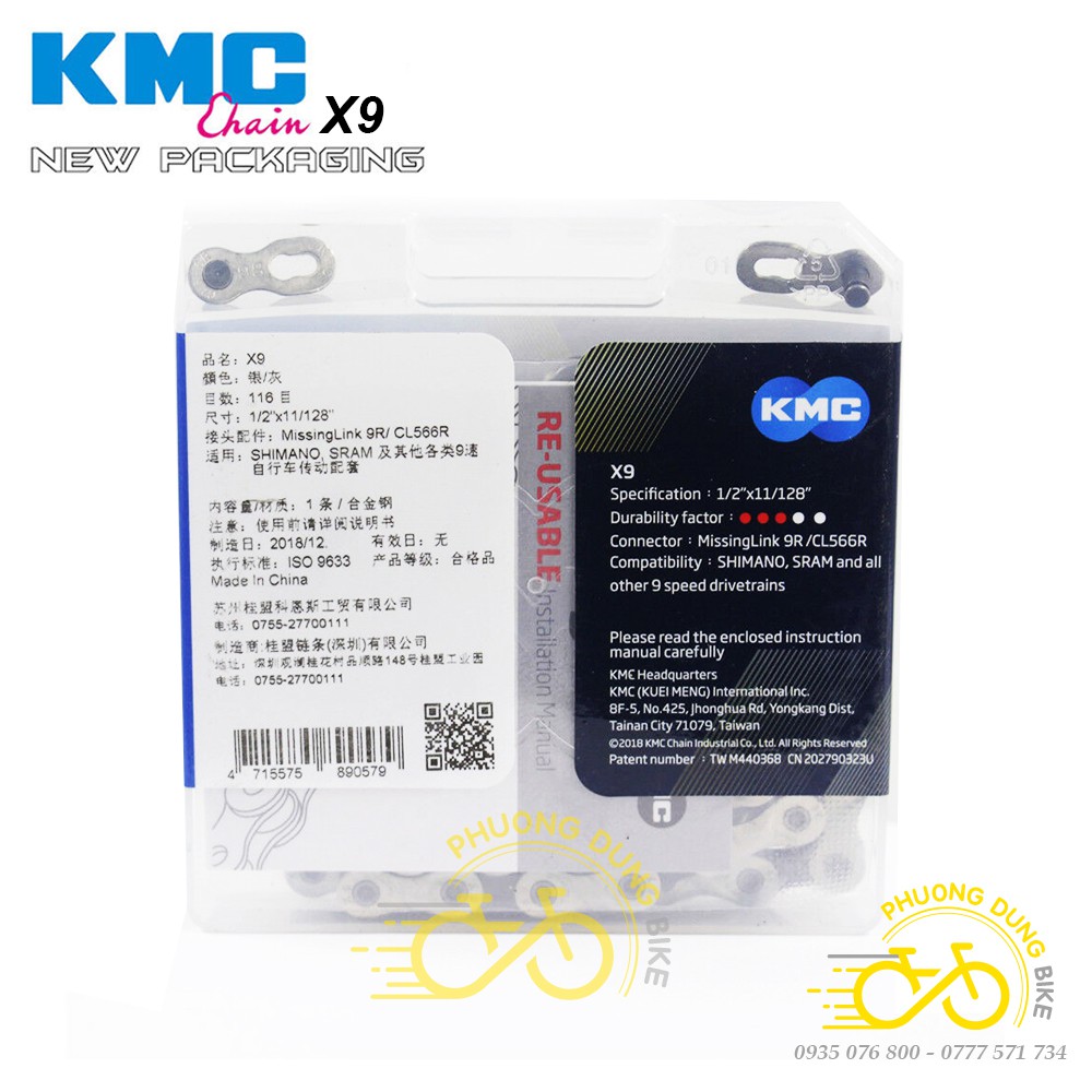 Xích sên xe đạp KMC X9 116L 9 Speed - Fullbox Chính Hãng