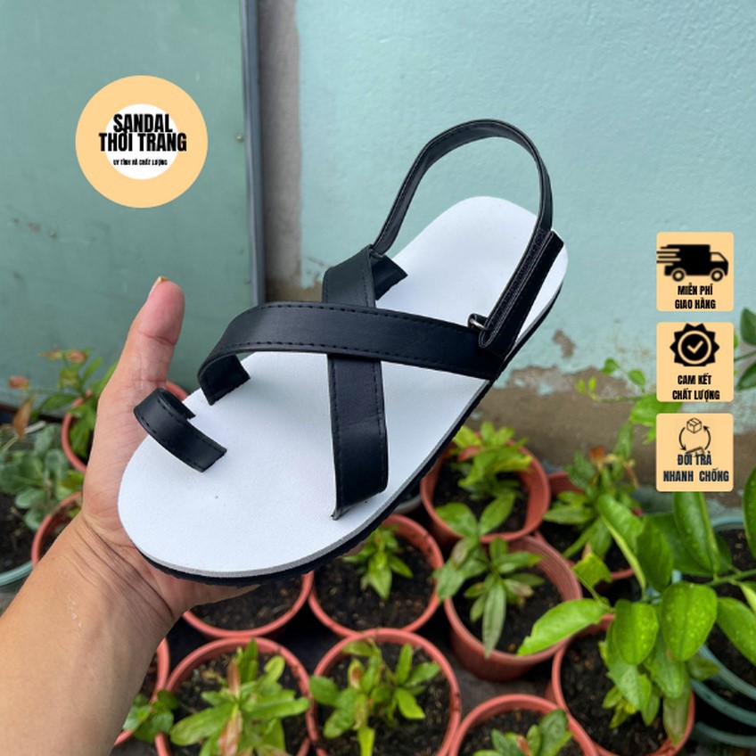 Dép quai hậu nữ nam, SANDALTHOITRANG Dép sandal nữ xỏ ngón quai chéo  A24 Trắng Nâu/Đen full size 30-44