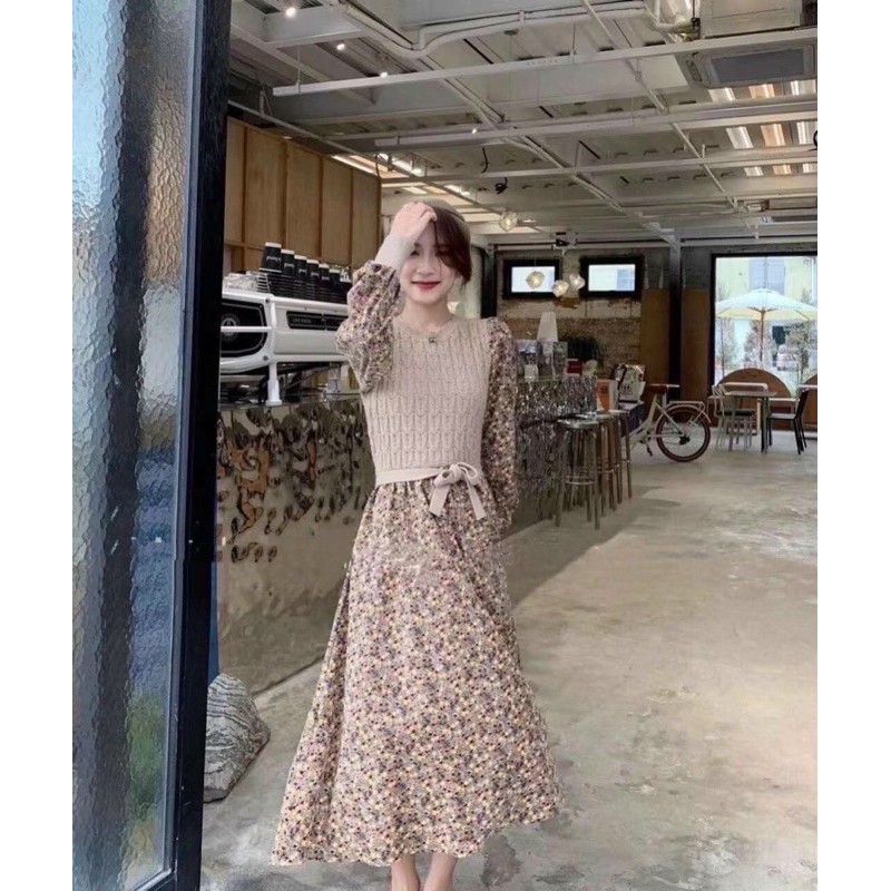 Váy len hoa bo tay thắt nơ vintage