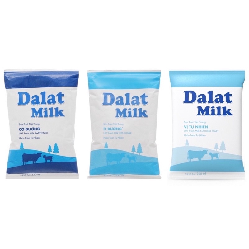 SỮA TƯƠI TIỆT TRÙNG ĐÀ LẠT MILK TÚI 220ML CÓ ĐƯỜNG/ ÍT ĐƯỜNG/ KHÔNG ĐƯỜNG/ DALAT MILK