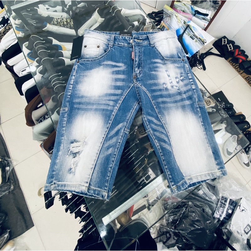 Quần short  DSQ thời trang nam, Quần bò ngố họa tiết phối mầu xanh btshop từ 45 đến 75kg