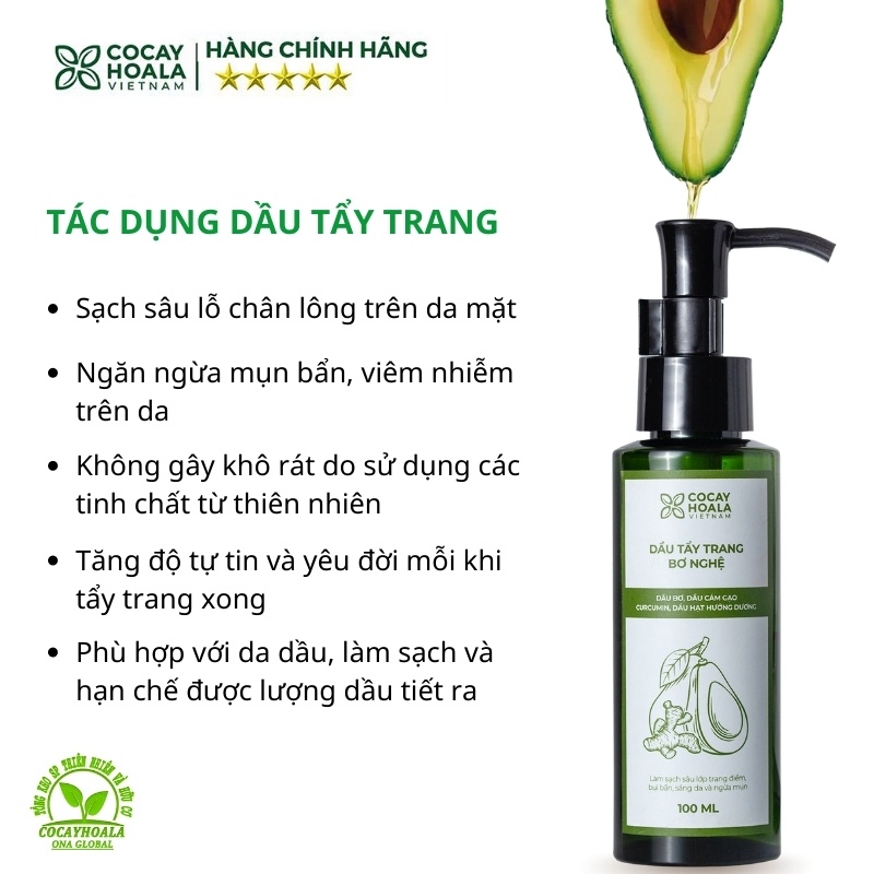 Dầu Tẩy Trang Bơ Nghệ Cocayhoala, làm sạch sâu lớp trang điểm, bụi bẩn, sáng da, ngừa mụn chai 100ml