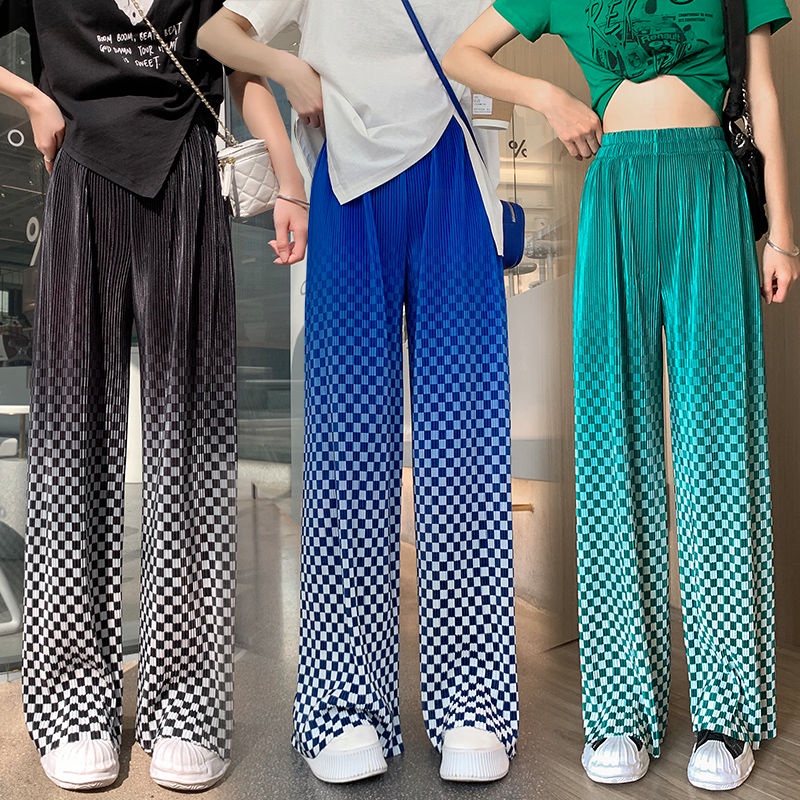 Seluar Quần Legging Lưng Cao Ống Rộng Họa Tiết Sọc Caro Màu gradient Thời Trang Xuân Hè 2022