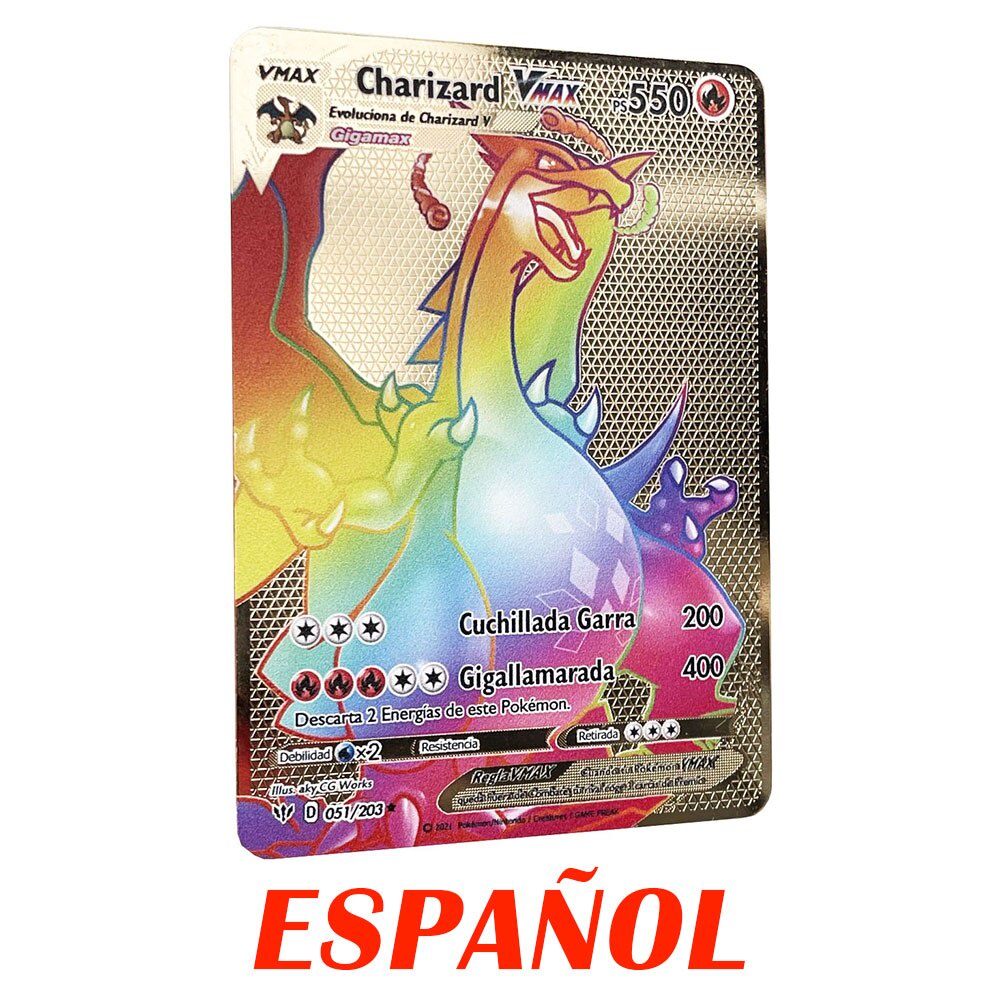 Thẻ bài Pokemon Pokmo Charizard Vmax PS330 tiếng Tây Ban Nha màu cầu vồng ánh kim làm quà tặng dành cho trẻ em