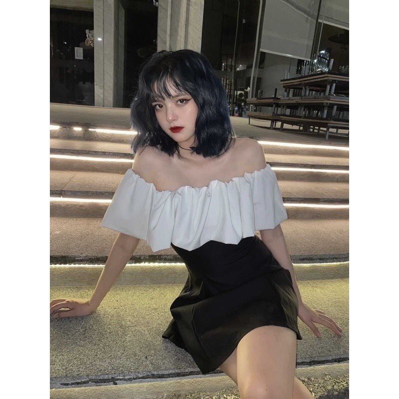 ĐẦM ANGELA TRỄ VAI PHỐI MÀU TRẮNG ĐEN - Váy Nữ Trễ Vai Bèo Trắng - ĐẦM ĐEN XOÈ BỆT VAI