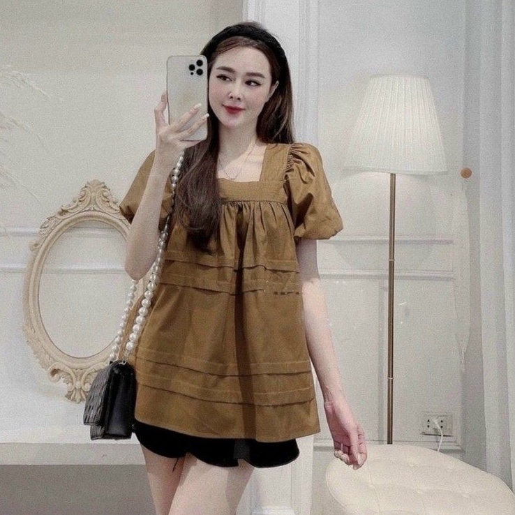 Áo bầu babydoll cổ vuông siêu hot, freesize từ 43-68kg☘️ áo bà bầu cao cấp chất đũi siêu mát siêu mềm ko nhăn