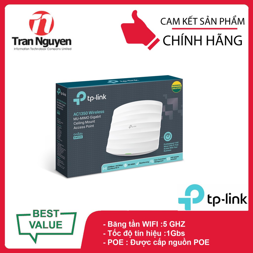 [Chính Hãng TP-LINK] Bộ Phát Wifi MU-MIMO Gắn Trần Tp-Link EAP225 Chuẩn AC Tốc Độ 1350Mbps