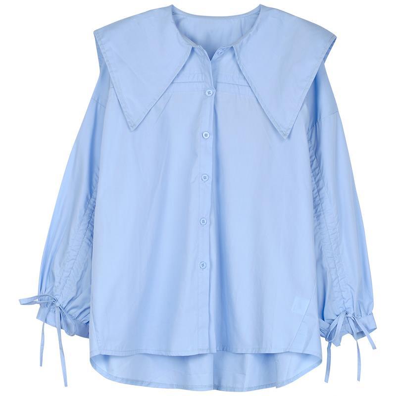 Áo Sơ Mi Nữ Tay Dài Cổ Thủy Thủ Màu Trơn Thời Trang