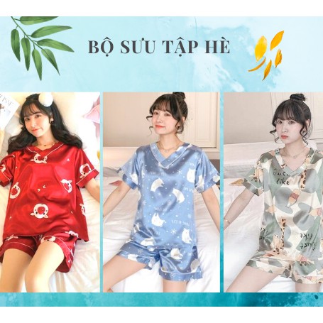 Đồ bộ mặc nhà đồ bộ pijama đồ ngủ lụa nữ cộc tay chất lụa satin quần đùi dễ thương phong cách hàn quốc BLC01