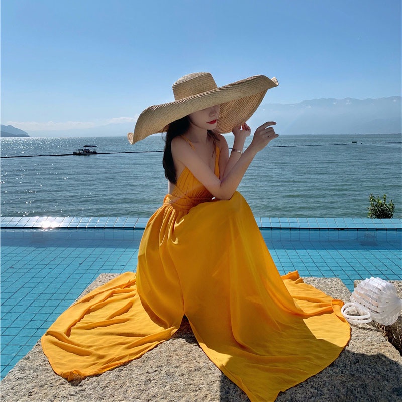 IELGYĐầm Voan Hai Dây Dài Màu Trơn Thời Trang Dành Cho Nữ