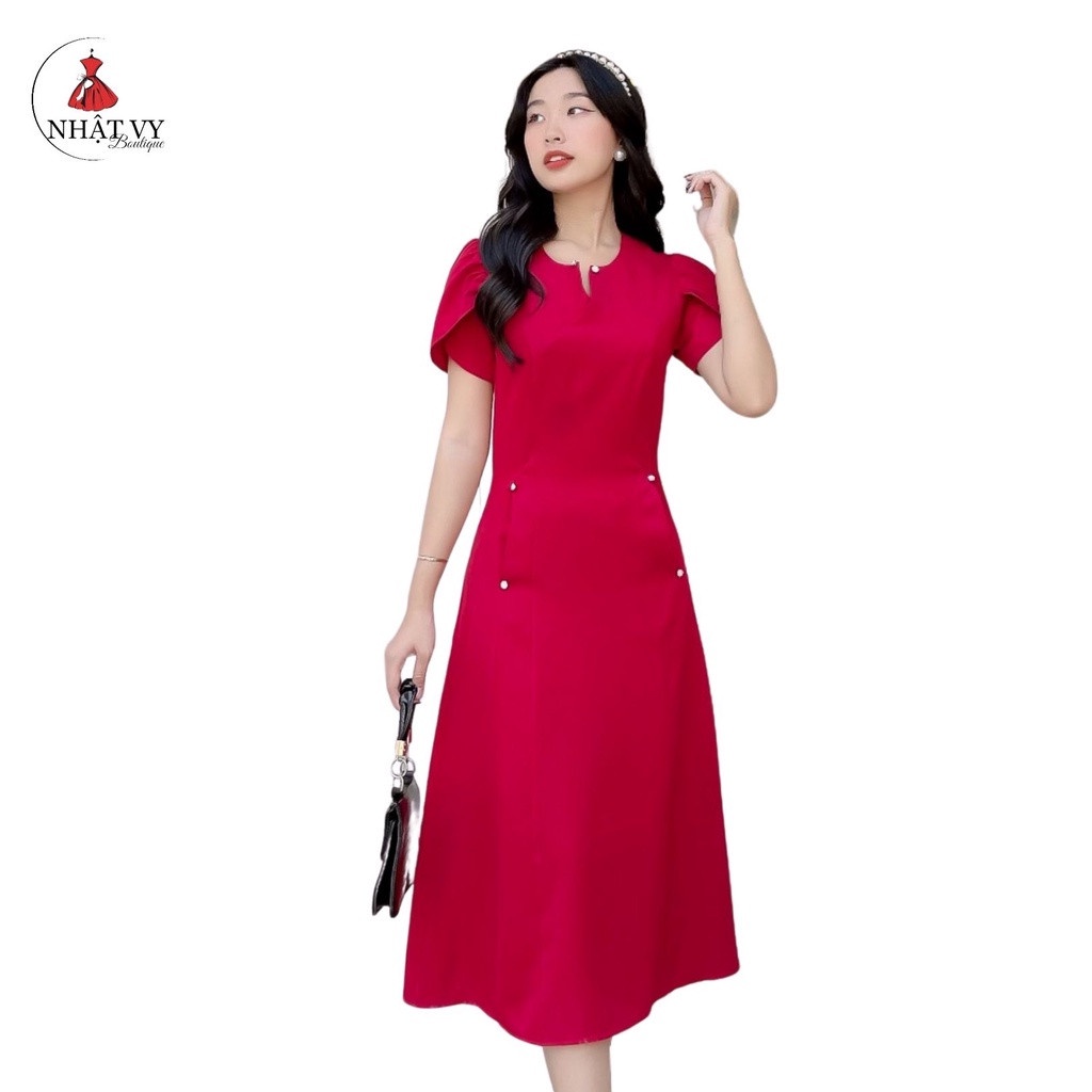 Đầm Đi Tiệc NHẬT VY Ôm Cổ Kiểu Tay Đắp Chéo Chất Kaki Thun Màu Đen, Đỏ - D2182