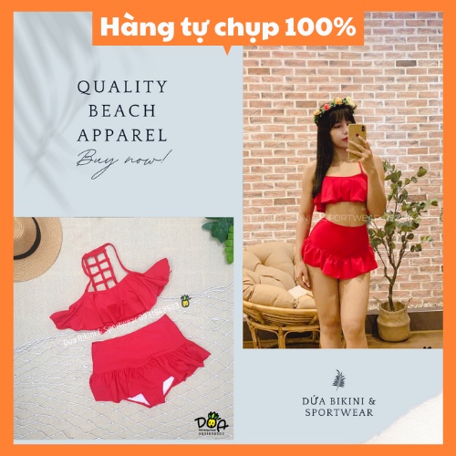 Bikini bèo dễ thương đi biển màu đỏ
