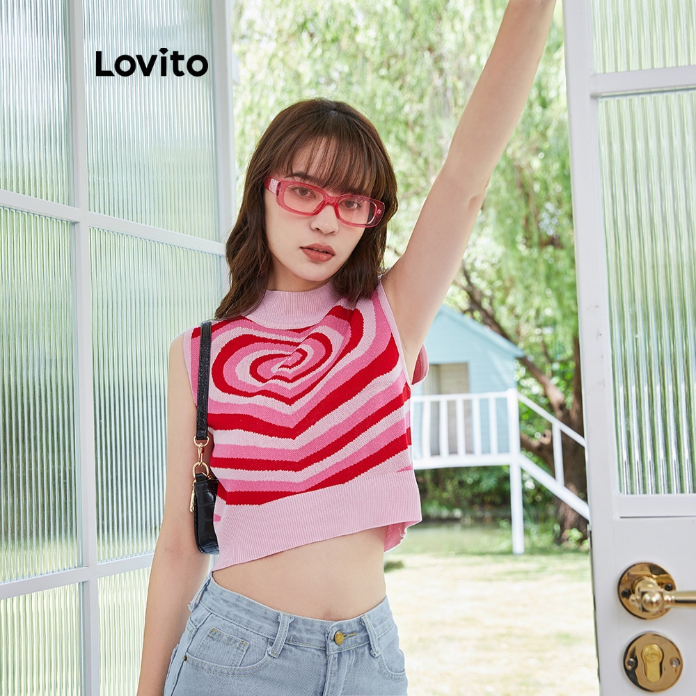 Áo Lovito cổ tròn không tay in họa tiết trái tim dáng ôm thời trang thường ngày cho nữ L04160 (màu hồng) | BigBuy360 - bigbuy360.vn